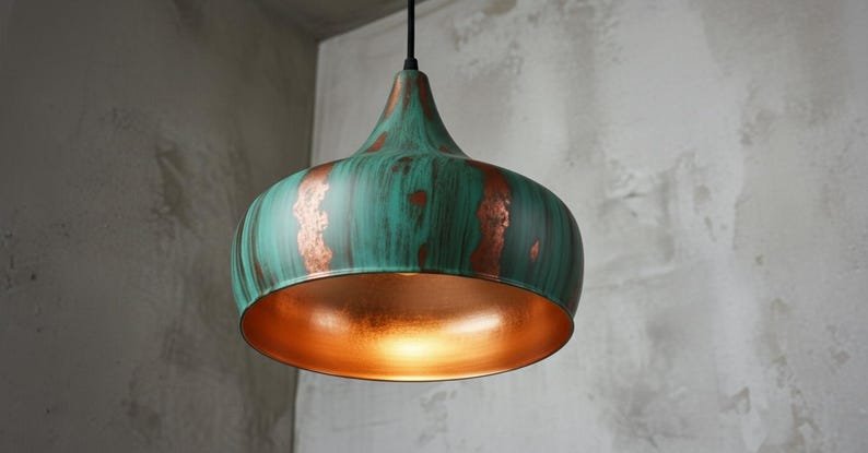 Handcrafted Copper Pendant Light: Green Patina Dome, Moroccan Style Handcrafted Copper Pendant Light: Green Patina Dome, Moroccan Style