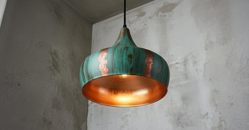 Handcrafted Copper Pendant Light: Green Patina Dome, Moroccan Style Handcrafted Copper Pendant Light: Green Patina Dome, Moroccan Style