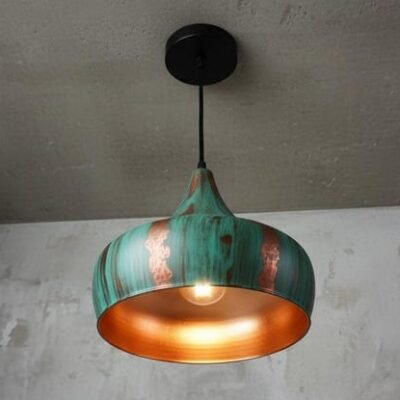 Handcrafted Copper Pendant Light: Green Patina Dome, Moroccan Style Handcrafted Copper Pendant Light: Green Patina Dome, Moroccan Style