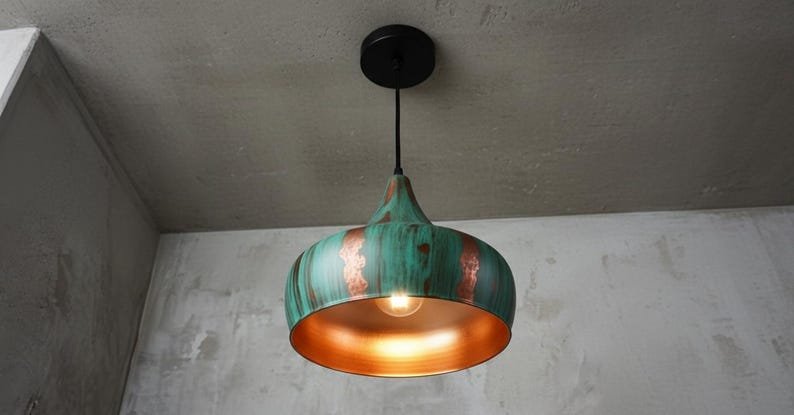 Handcrafted Copper Pendant Light: Green Patina Dome, Moroccan Style Handcrafted Copper Pendant Light: Green Patina Dome, Moroccan Style