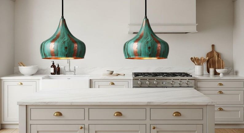 Handcrafted Copper Pendant Light: Green Patina Dome, Moroccan Style Handcrafted Copper Pendant Light: Green Patina Dome, Moroccan Style