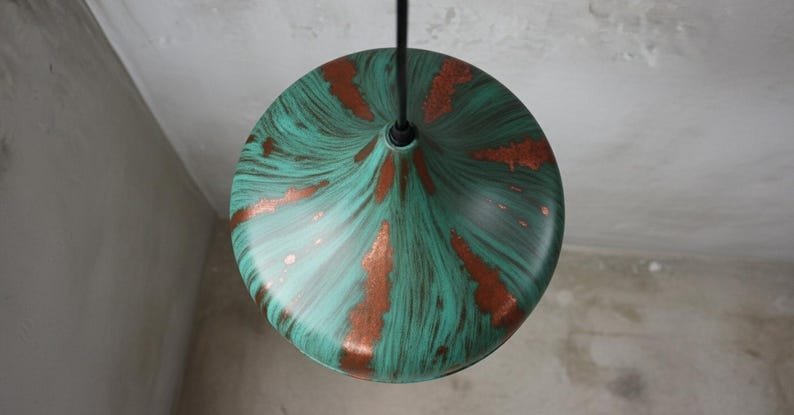 Handcrafted Copper Pendant Light: Green Patina Dome, Moroccan Style Handcrafted Copper Pendant Light: Green Patina Dome, Moroccan Style