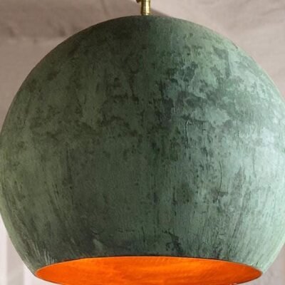 Set of 2 Green Patina Copper Pendant Light: Oxidized Farmhouse Globe