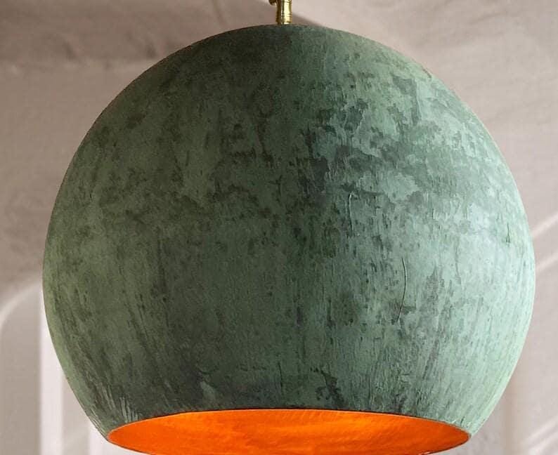Set of 2 Green Patina Copper Pendant Light: Oxidized Farmhouse Globe