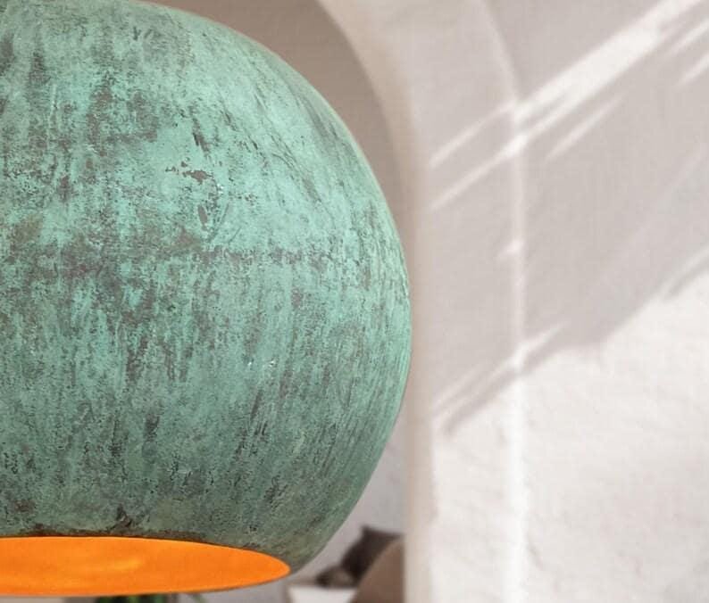Set of 2 Green Patina Copper Pendant Light: Oxidized Farmhouse Globe