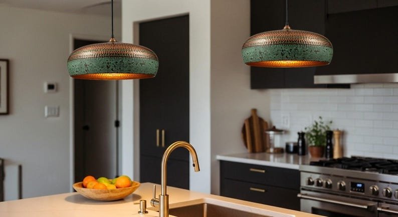 Hammered Copper Pendant Light: Patina Green Moroccan Dome Lamp