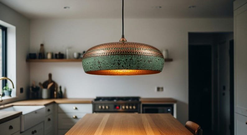 Hammered Copper Pendant Light: Patina Green Moroccan Dome Lamp