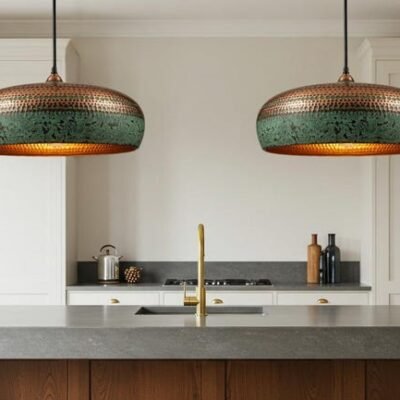 Hammered Copper Pendant Light: Patina Green Moroccan Dome Lamp