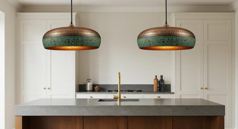 Hammered Copper Pendant Light: Patina Green Moroccan Dome Lamp