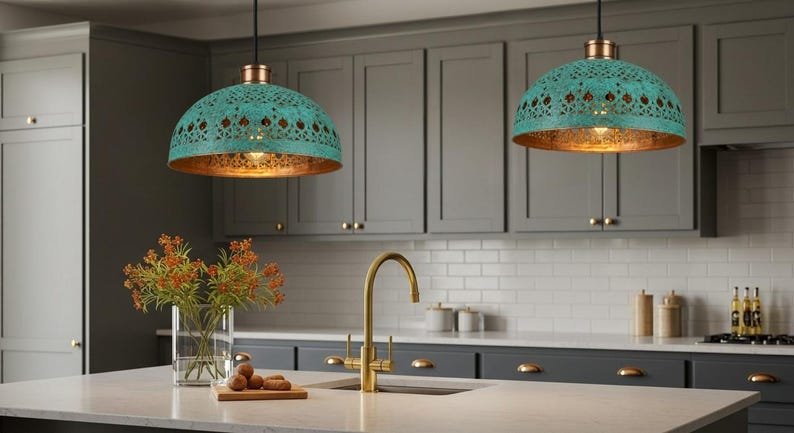 Hand Hammered Moroccan Copper Pendant Light: Green Patina Kitchen Island Lighting Hand Hammered Moroccan Copper Pendant Light: Green Patina Kitchen Island Lighting