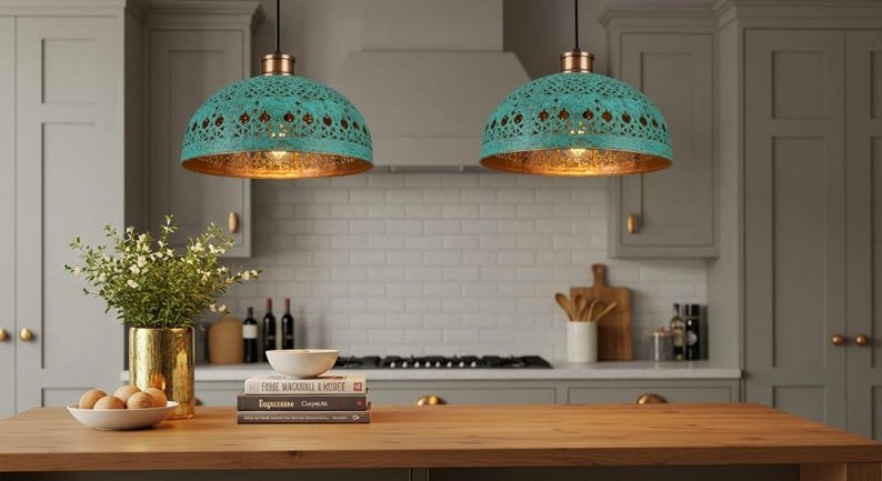 Hand Hammered Moroccan Copper Pendant Light: Green Patina Kitchen Island Lighting Hand Hammered Moroccan Copper Pendant Light: Green Patina Kitchen Island Lighting
