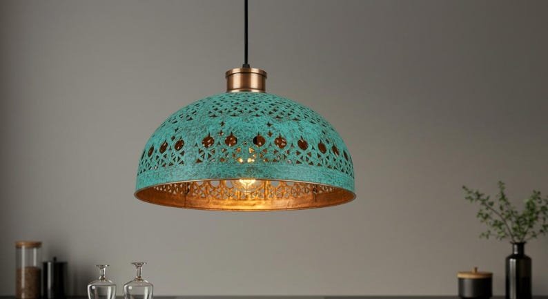 Hand Hammered Moroccan Copper Pendant Light: Green Patina Kitchen Island Lighting Hand Hammered Moroccan Copper Pendant Light: Green Patina Kitchen Island Lighting