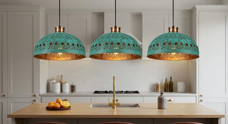 Hand Hammered Moroccan Copper Pendant Light: Green Patina Kitchen Island Lighting Hand Hammered Moroccan Copper Pendant Light: Green Patina Kitchen Island Lighting