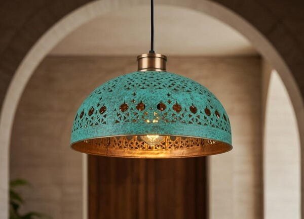 Turquoise Filigree Dome Pendant Patina Kitchen Light