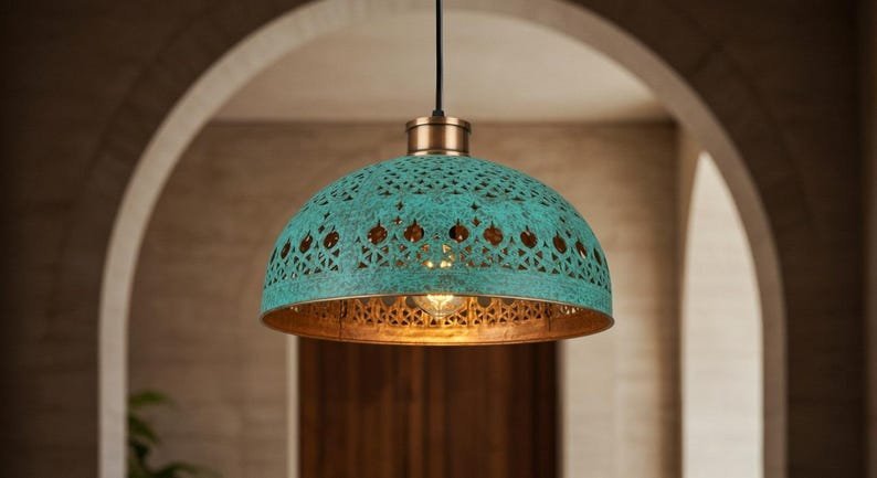 products-PatinaKitchenIslandLighting8 Turquoise Filigree Dome Pendant Patina Kitchen Light