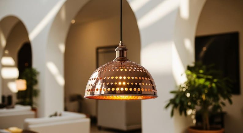 Handmade Moroccan Copper Pendant Light, Perforated Dome Ceiling Lamp Handmade Moroccan Copper Pendant Light, Perforated Dome Ceiling Lamp