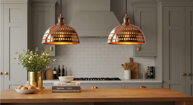 Handmade Moroccan Copper Pendant Light, Perforated Dome Ceiling Lamp Handmade Moroccan Copper Pendant Light, Perforated Dome Ceiling Lamp