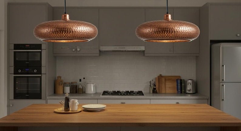 Copper Pendant Light: Perforated Shade, Modern Kitchen Island Lighting Copper Pendant Light: Perforated Shade, Modern Kitchen Island Lighting