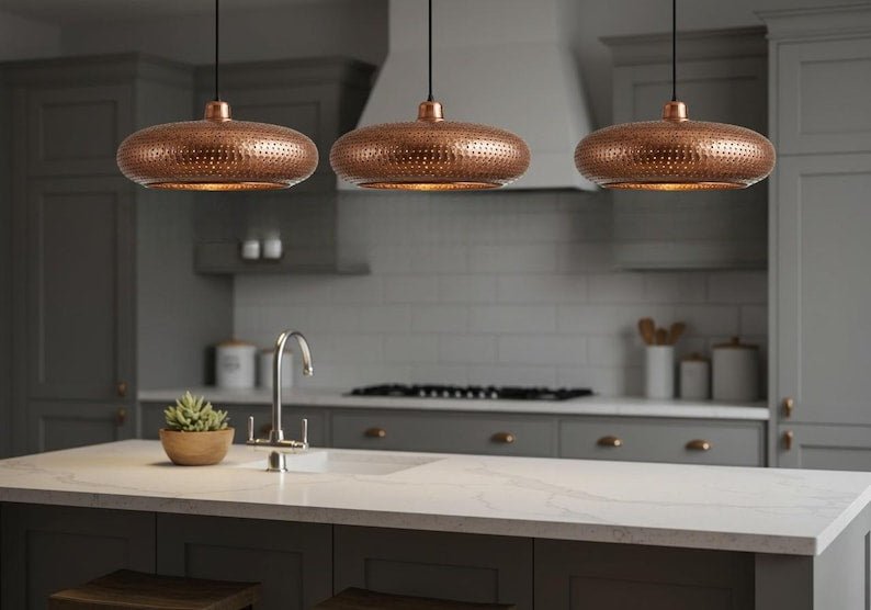 Copper Pendant Light: Perforated Shade, Modern Kitchen Island Lighting Copper Pendant Light: Perforated Shade, Modern Kitchen Island Lighting