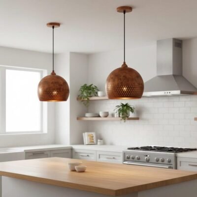 Brass Pendant Light Handmade – Modern Dome Lamp, Rustic Brass Lighting, Vintage Ceiling Fixture, Perforated Rim Solid Brass Decor