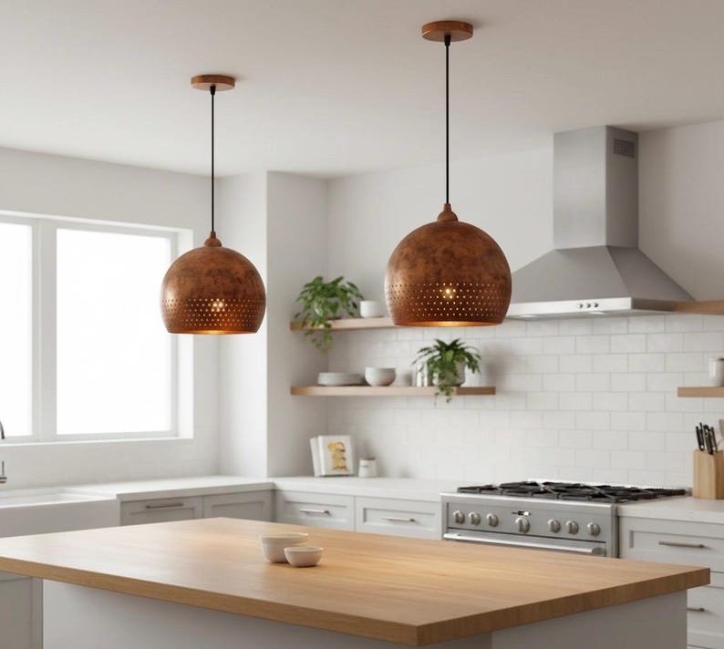 Brass Pendant Light Handmade – Modern Dome Lamp, Rustic Brass Lighting, Vintage Ceiling Fixture, Perforated Rim Solid Brass Decor