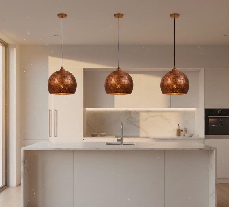 Brass Pendant Light Handmade – Modern Dome Lamp, Rustic Brass Lighting, Vintage Ceiling Fixture, Perforated Rim Solid Brass Decor