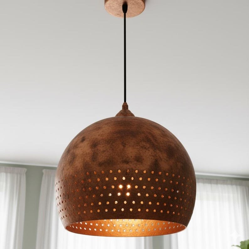 Brass Pendant Light Handmade – Modern Dome Lamp, Rustic Brass Lighting, Vintage Ceiling Fixture, Perforated Rim Solid Brass Decor