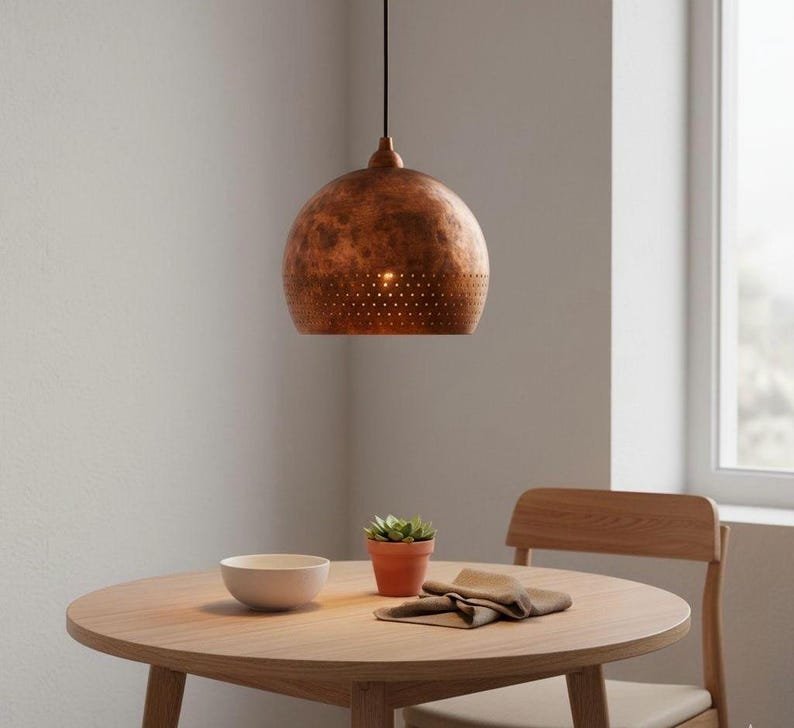 Brass Pendant Light Handmade – Modern Dome Lamp, Rustic Brass Lighting, Vintage Ceiling Fixture, Perforated Rim Solid Brass Decor