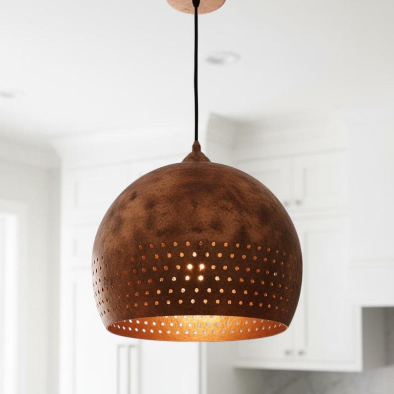 Brass Pendant Light Handmade – Modern Dome Lamp, Rustic Brass Lighting, Vintage Ceiling Fixture, Perforated Rim Solid Brass Decor
