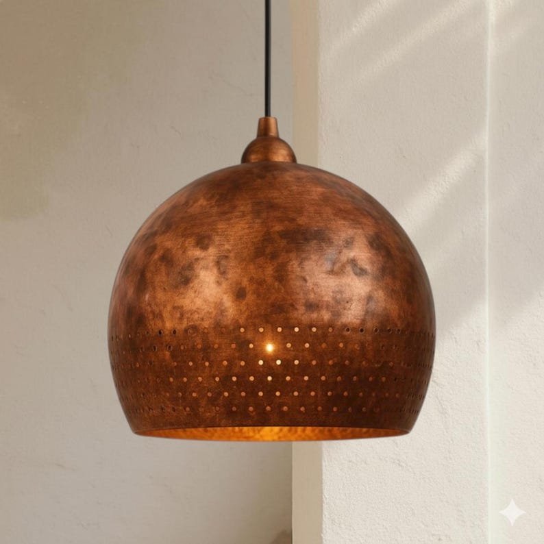 Brass Pendant Light Handmade – Modern Dome Lamp, Rustic Brass Lighting, Vintage Ceiling Fixture, Perforated Rim Solid Brass Decor