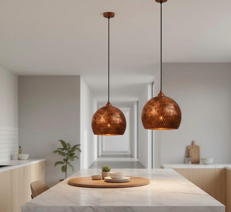 Brass Pendant Light Handmade – Modern Dome Lamp, Rustic Brass Lighting, Vintage Ceiling Fixture, Perforated Rim Solid Brass Decor