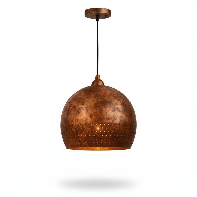 Brass Pendant Light Handmade – Modern Dome Lamp, Rustic Brass Lighting, Vintage Ceiling Fixture, Perforated Rim Solid Brass Decor