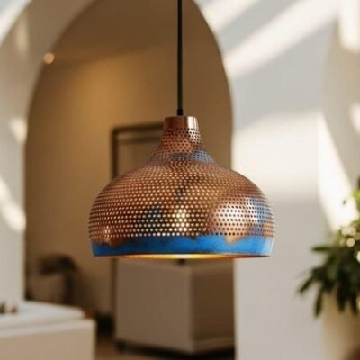 products-RusticFarmhouseIndustrialPendant3 Two Tone Perforated Copper Pendant Rustic Farmhouse Industrial Light
