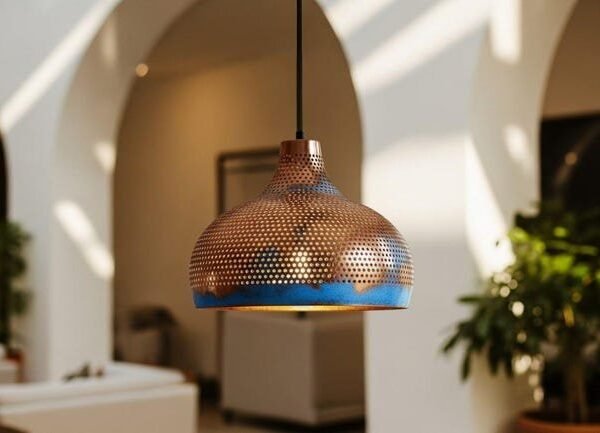 Two Tone Perforated Copper Pendant Rustic Farmhouse Industrial Light