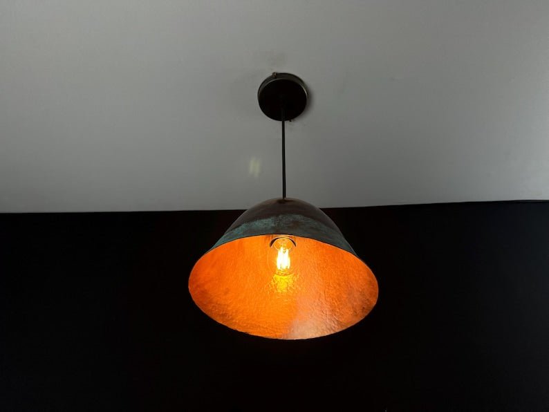 Handmade Copper Pendant Light: Rustic Green Patina Dome Lamp