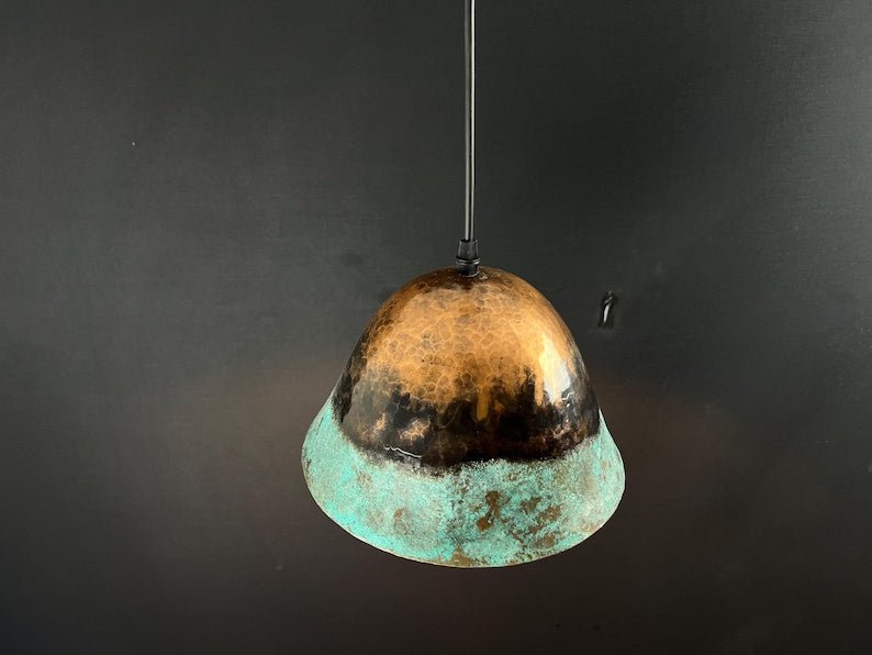 Handmade Copper Pendant Light: Rustic Green Patina Dome Lamp