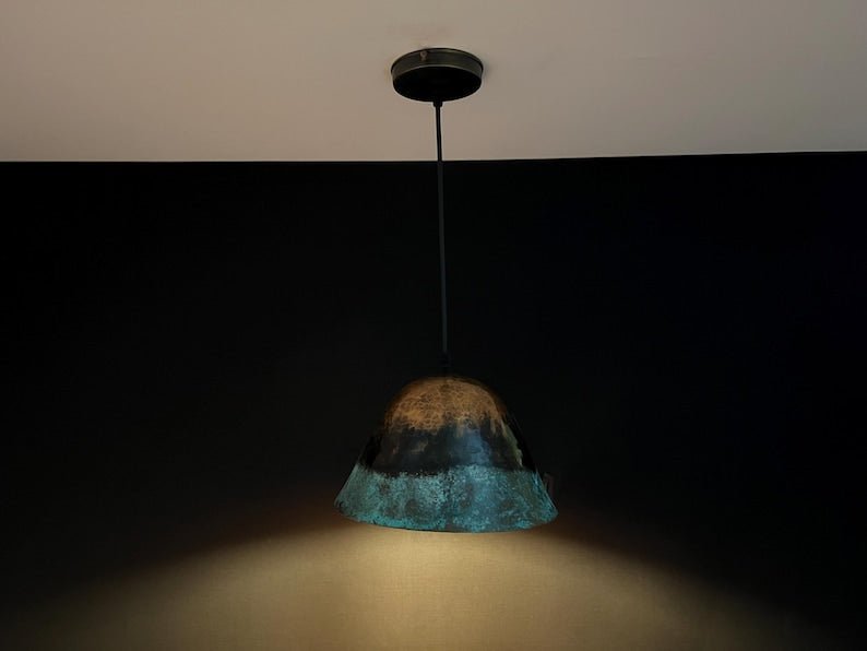 Handmade Copper Pendant Light: Rustic Green Patina Dome Lamp