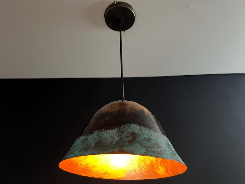 Handmade Copper Pendant Light: Rustic Green Patina Dome Lamp