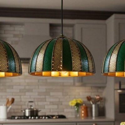 products-RusticIndustrialLighting66 Striped Green Brass Dome Pendant Light Rustic Industrial Ceiling Lamp