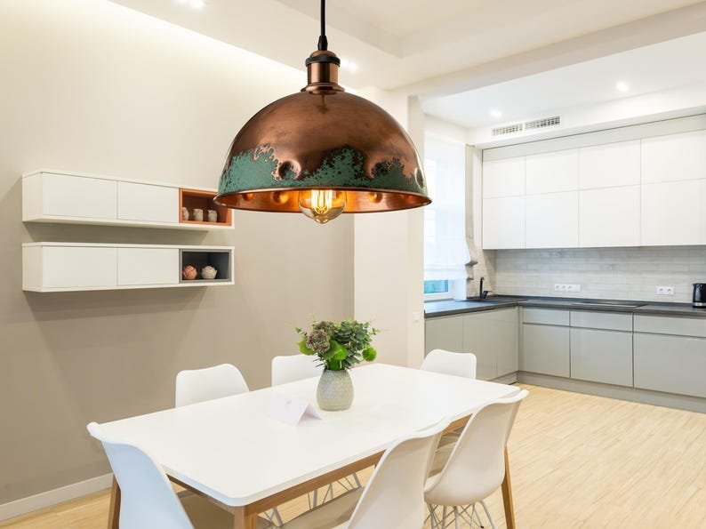 Green Patina Copper Dome Pendant Light - Rustic Kitchen Island Lighting Green Patina Copper Dome Pendant Light - Rustic Kitchen Island Lighting