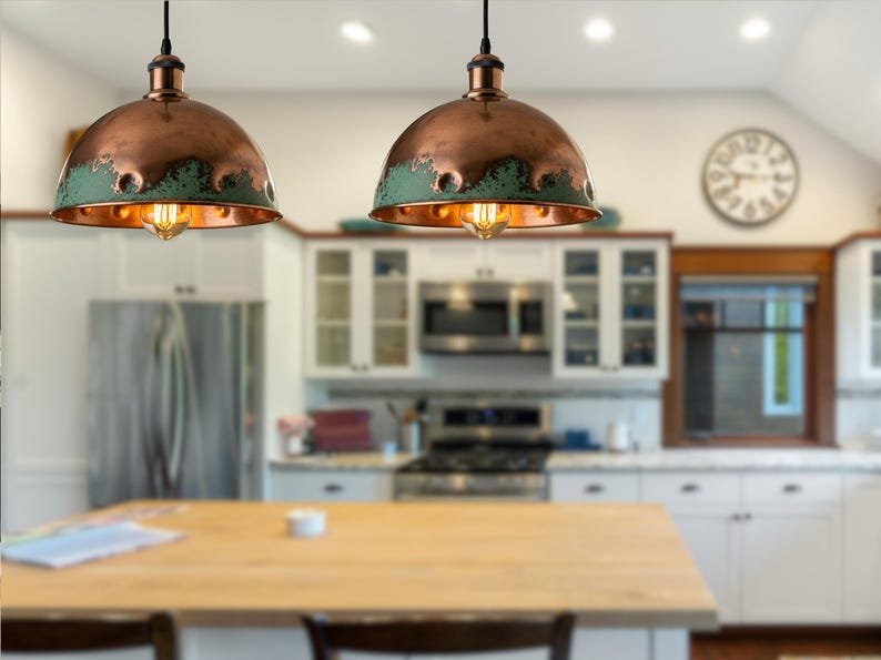 Green Patina Copper Dome Pendant Light - Rustic Kitchen Island Lighting Green Patina Copper Dome Pendant Light - Rustic Kitchen Island Lighting
