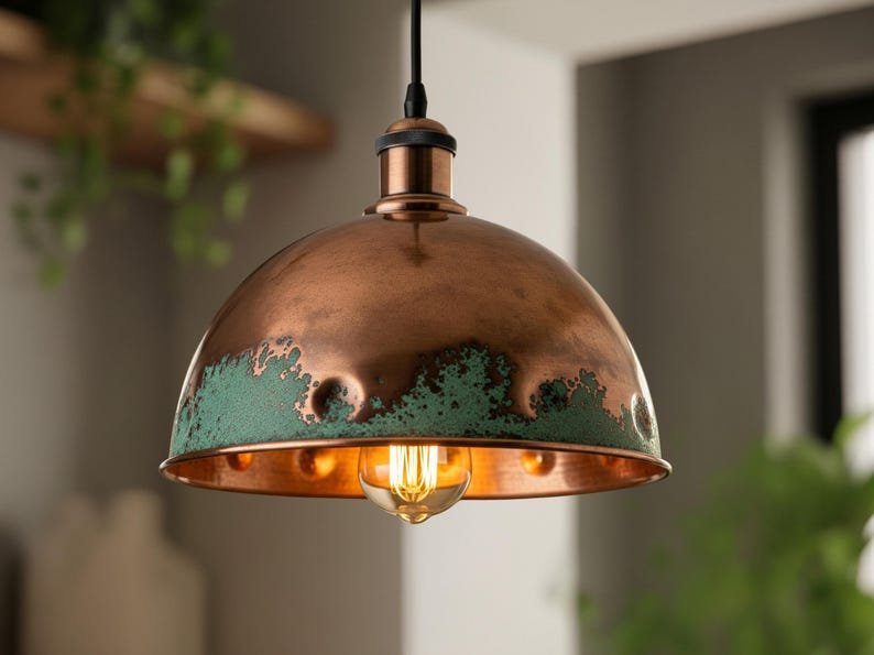 products-RusticKitchenIslandLighting77 Copper Dome with Verdigris Wave Rustic Kitchen Island Pendant