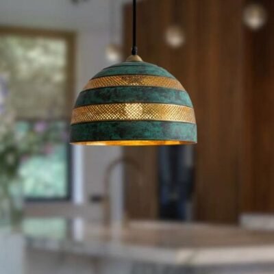 Green Patina Striped Dome Pendant Rustic Kitchen Ceiling Lamp