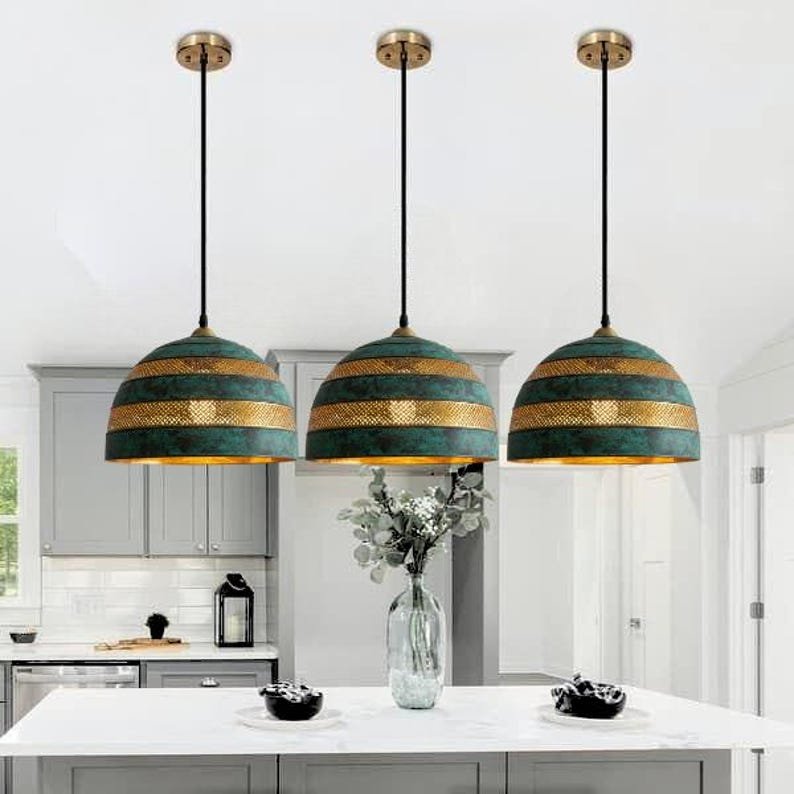 Handmade Green Patina Brass Dome Pendant Light, Rustic Kitchen Lighting