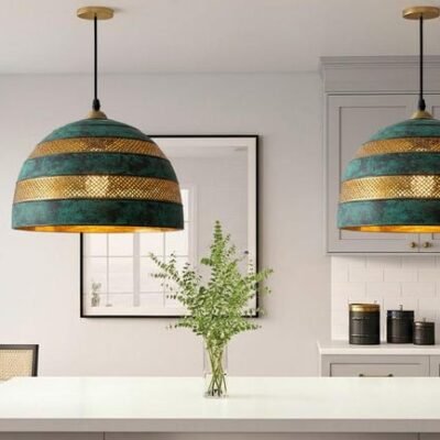 Handmade Green Patina Brass Dome Pendant Light, Rustic Kitchen Lighting