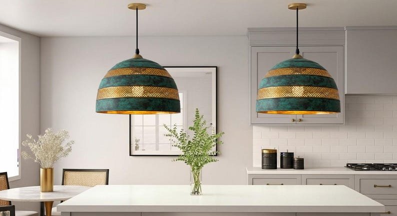 Handmade Green Patina Brass Dome Pendant Light, Rustic Kitchen Lighting