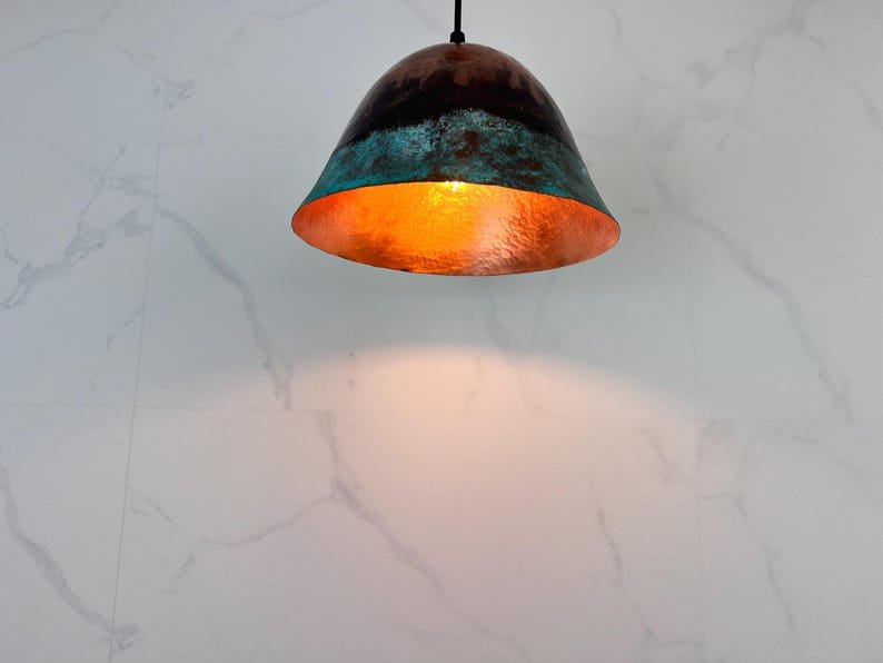 Handmade Patina Copper Dome Pendant Light: Rustic Verdigris Finish