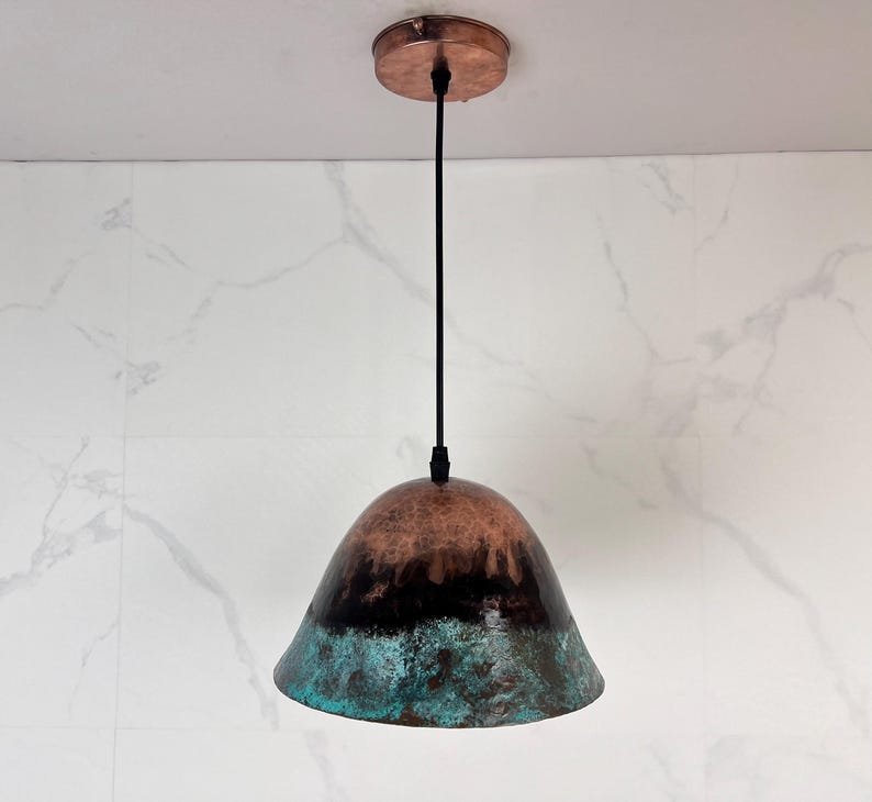 Handmade Patina Copper Dome Pendant Light: Rustic Verdigris Finish