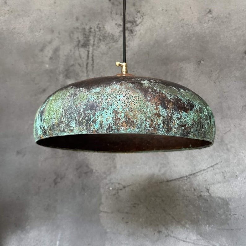 Green Patina Copper Pendant Light - Farmhouse Kitchen Island Lighting - Rustic Ceiling Lamp Shade Unique Green Patina Copper Pendant Light - Farmhouse Kitchen Island Lighting - Rustic Ceiling Lamp Shade Unique
