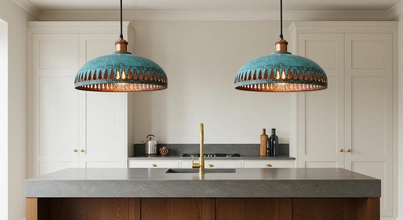 Green Patina Cutout Dome Pendant Teardrop Edge Kitchen Light